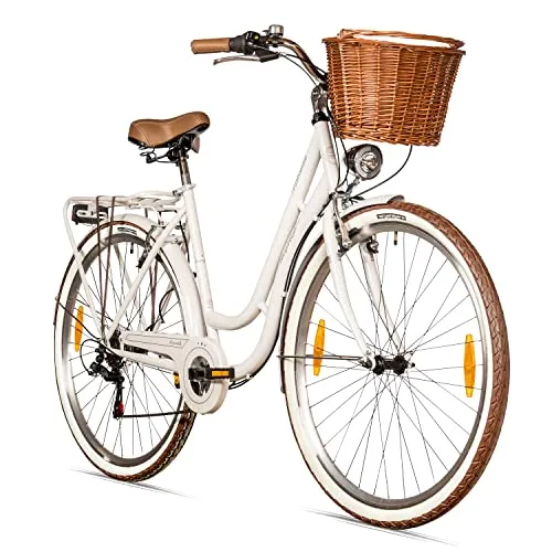 Bergsteiger Marseille 28 Zoll Damenfahrrad - Damen-Citybike im Retro-Design mit 6 Gang Shimano Tourney Schaltung, Rattan-Korb und dynamobetriebenem Licht – ideal für stilvolle Fahrten in der Stadt.