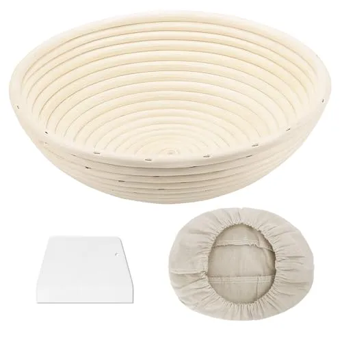 Clheatky Gärkörbchen Rund, 23cm Gärkorb Set Aus Natürlichem Peddigrohr Proofing Basket Brotkörbchen Brotform mit 1 Leineneinsätze, Schaber