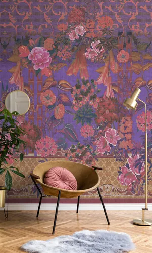Vliestapete LIVING WALLS "Florale Tapete Blumenmuster Ornamente", lila, 2,7m x 4m - Hochwertige Vliestapete mit floralem Design in Lila, formstabil und leicht zu verarbeiten. Ideal für kreative Wandgestaltungen und rückstandslos abziehbar.