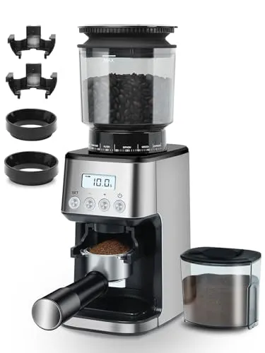 Homtone Elektrische Kaffeemühle mit 51 Mahlstufen - Elektrische Kegelmühle mit 51 präzisen Mahlgraden für perfekten Kaffeegenuss, ideal für verschiedene Zubereitungsarten von Espresso bis French Press.
