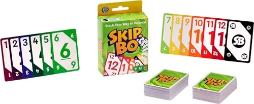 Mattel Games Skip-BO Kartenspiel für Familienabende, für 2 bis 6 Spieler ab 7 Jahren - Das Skip-Bo Kartenspiel bietet strategischen Spaß für die ganze Familie. Spieler legen Karten in aufsteigender Reihenfolge ab und nutzen geschickte Taktiken, um die Mitspieler zu blockieren. Ideal für gesellige Spieleabende!