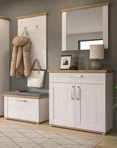 Inn.Furn Garderoben-Set Mirano, 4-teilig in weiß Lerche mit Eiche Artisan - Landhaus-Garderoben Set "Mirano" mit hochwertiger Verarbeitung, viel Stauraum und elegantem Design. Ideal für die praktische und stilvolle Einrichtung Ihres Eingangsbereichs.