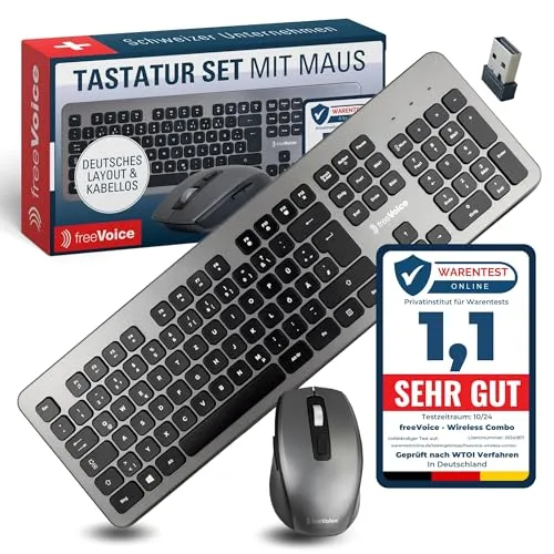 freeVoice Tastatur Set mit Maus I Kabellose Tastatur mit 10 m Reichweite I Leise Tastatur inkl. Maus für Laptop & Computer I rutschfeste & Flache Tastatur I Keyboard für Büro, Home-Office & Zuhause