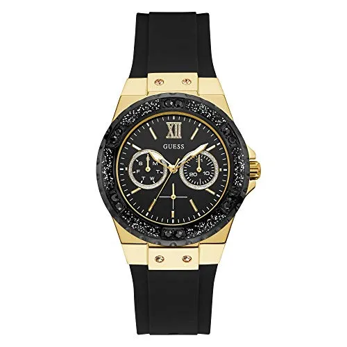 Guess Limelight W1053L7 Damenuhr - Eleganz in Gold und Schwarz - Multifunktionale Damenuhr von Guess mit edlem Edelstahlgehäuse und schwarzem Silikonarmband. Wasserdicht bis 50m, ideal für stilvolle Anlässe und den täglichen Gebrauch.