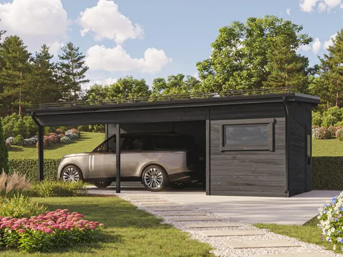 Fjordholz Carport Modell Peter 44 - Massives Carport aus 44mm nordischer Fichte mit stabiler Steck-/Schraub-Bauweise. Inklusive hochwertiger Einzeltür und Oberlichtfenster. Ideal für jede Wetterlage und individuell anpassbar. Lieferung in natur.