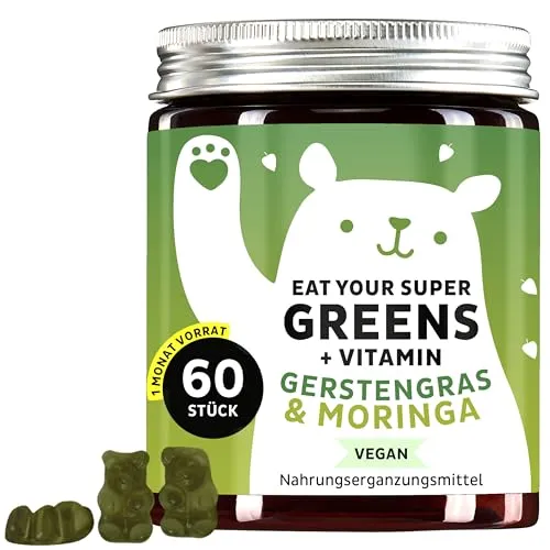 Eat Your Super Greens Vitamin – 8 Superfoods für Haare & Immunsystem - Moringa, Gerstengras, Chlorella, Vitamin B1, B6 & B12, Zink & Eisen – Vegan – 60 Stück – Bears with Benefits
