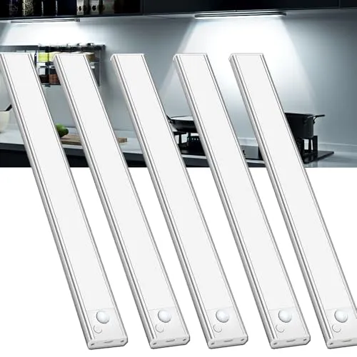 Schrankbeleuchtung Unterbauleuchte Küche Led Bewegungsmelder - 20CM Weiß 5 Stück Kabellos Unterschrank Lichtleiste mit USB Aufladbar Akku Unterbau Küchen Beleuchtung für Kleiderschrank Unterschrank