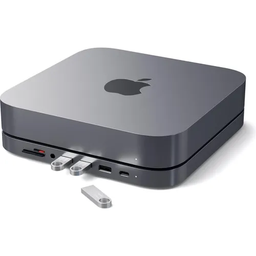 Satechi Aluminium Mac Mini Stand Hub Silber - USB-C Docking Station für Mac Mini 2018+, 2 Monitore anschließen und kabelloses Laden ermöglichen