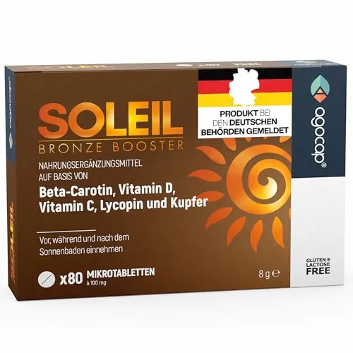 Agocap SOLEIL, Bräunungskapseln mit Beta Carotin für natürliche Bräune – 2 in 1 Selbstbräuner – Effektiver Lichtschutz mit Beta Carotin Hochdosiert – mit Vitaminen C, E, D, Selen und Kupfer – 80 Tabletten