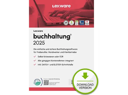 Lexware Buchhaltung 2025 Jahresversion - Office-Software mit umfassenden Funktionen wie Betriebsprüfer-Export, ELSTER- und DATEV-Schnittstellen sowie 365-tägiger Aktualitätsgarantie für effiziente Buchhaltung.
