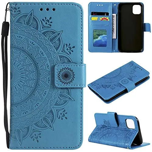 CoverKingz Handy Cover kompatibel mit iPhone 11 Pro [5,8 Zoll] - Handyschutz mit Kartenfach Klapphülle - Bookcase Hülle aufklappbar Motiv Mandala Blau