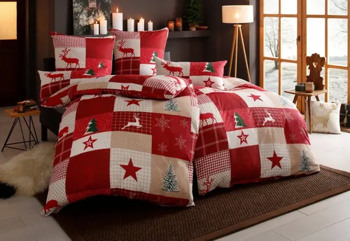 Home affaire Bettwäsche Nicholas - Weihnachtsbettwäsche 2-teilig aus Linon - Bettwäsche-Sets mit festlichem Karo und winterlichen Motiven, aus reiner Baumwolle, hautfreundlich und bis 60 °C waschbar, ideal für eine gemütliche Weihnachtszeit.