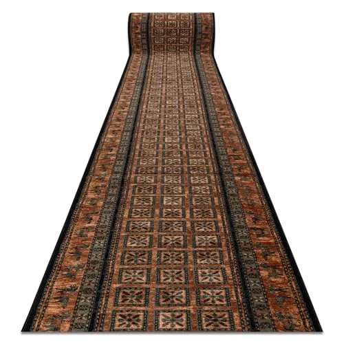 rugsx KASHQAI Läufer 4301/500 - Wollteppich - Teppich für Flur & Wohnzimmer - Orientalisch, Rahmen grün/beige 67x970 cm