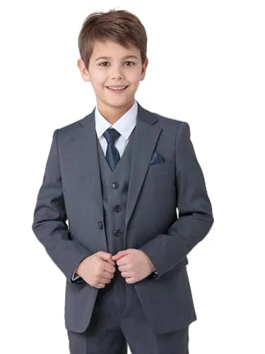 SANDER STELLAN Festlicher Kinderanzug für Jungen 6-teilig in Grau - Eleganter Slim Fit Anzug für besondere Anlässe: Kommunion, Hochzeit oder Feier. Set beinhaltet Sakko, Weste, Hemd, Hose, Krawatte und Einstecktuch.