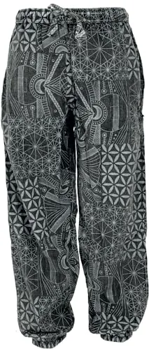 GURU SHOP Stonewash Yogahose - Unisex Baumwoll-Goa-Hose mit Allover Print in Schwarz/Grau, Größe M - Bequeme Yogahose aus gewaschener Baumwolle mit elastischem Bund und Kordelzug. Ideal für Yoga und Freizeit, ausgestattet mit zwei praktischen Taschen für zusätzlichen Komfort.