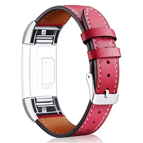 Aisports Leder-Armband für Fitbit Charge 2 Smart-Watch, verstellbares Ersatzband, Metall-Armband mit Schnalle rot