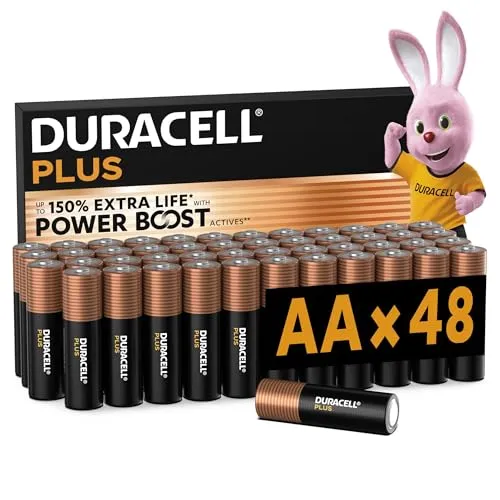Duracell Plus AA Batterien (48er-Pack) - Hochleistungsbatterien für zuverlässige Energie - Die Duracell Plus AA Alkaline-Batterien bieten bis zu 150 % längere Laufzeit für Spielzeuge, Taschenlampen und mehr. Mit Power Boost Actives für stärkere Leistung und einer Lagerfähigkeit von bis zu 10 Jahren.