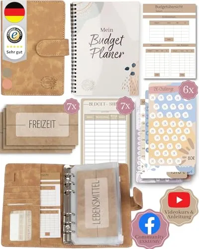 BeginnerBudget® Budget Planner Deutsch - Starterset mit Sparchallenge Budgetplaner deutsch - Sparen mit Umschlagmethode + Anleitung - Ringbuch A6 - Binder Wildleder-Style (Beige (mit Budget Planer))