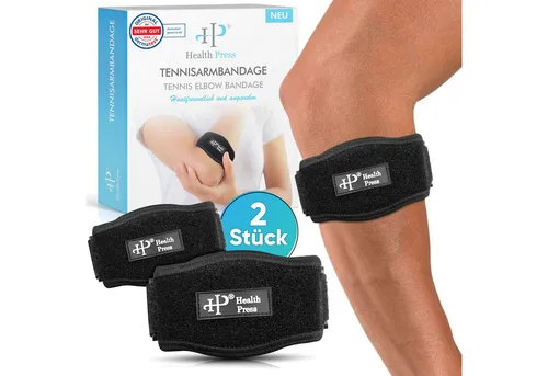 Health Press Tennisarmbandage – 2x Ellenbogenbandagen zur optimalen Unterstützung - Bandagen zur Ellenbogenunterstützung, medizinisch zertifiziert und dermatologisch getestet – ideal zur gezielten Entlastung bei Tennisarm und Golferellenbogen.