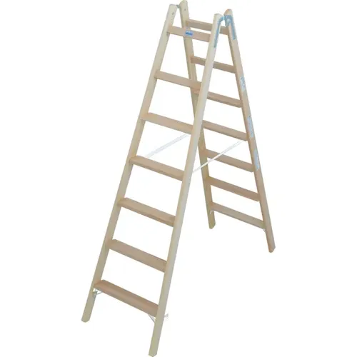 Krause Doppelleiter 2x7 Sprossen – Beidseitig besteigbare Holzleiter - Robuste Holzleiter mit 14 Sprossen, ideal für Maler und Elektriker. Stabile Konstruktion mit breiten Stufen für Komfort und Sicherheit. Leicht zu transportieren und umweltfreundlich.