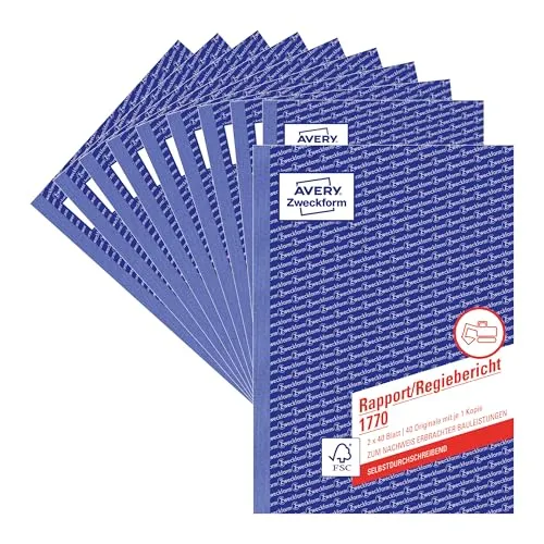 AVERY Zweckform 1770-10 Rapport/Regiebericht (A5 selbstdurchschreibend, von Rechtsexperten geprüft, für DE/AT zur Dokumentation der Arbeitsleistung, 2x40 Blatt) 10er-Pack, weiß/gelb