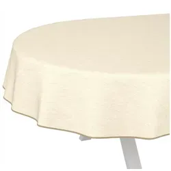Abwaschbare Wachstuchtischdecke in Creme – 260 x 140 cm oval - Elegante abwaschbare Wachstuchtischdecke in Creme mit Leinen-Optik. Pflegeleicht, wasserabweisend und ideal für Gartenpartys oder festliche Anlässe. Robust und strapazierfähig für jeden Einsatz, einfach mit einem feuchten Tuch reinigen.