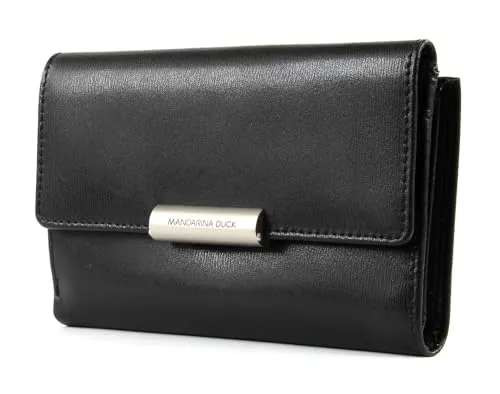 Mandarina Duck Damen Hera 3.0 Geldbörse, Schwarz - Hochwertige Damen-Geldbörse aus italienischem Glattleder mit doppelter Öffnung und praktischem Münzfach, ideal für stilbewusste Frauen.