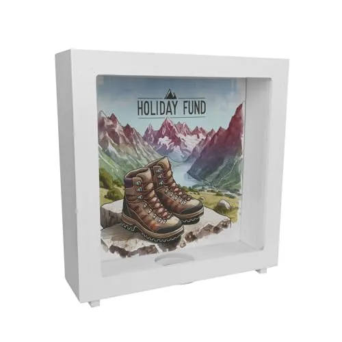 Urlaub in den Bergen Urlaubskasse Rahmen Spardose aus Holz mit Spruch Holiday Fund Wanderurlaub Paar Wanderstiefel Stein Hintergrund Urlaubsgeld Alpen Berge
