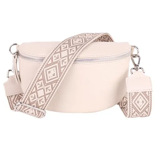 MIRROSI® Bauchtasche Damen aus Echtleder – Stilvolle Crossbody Bag Made in Italy (Beige, 25x16x7cm) - Elegante Bauchtasche aus hochwertigem Echtleder, gefertigt in Italien. Ideal für vielseitige Trageoptionen mit verstellbarem Ledergurt und edlem Design. Perfekt für jeden Anlass!