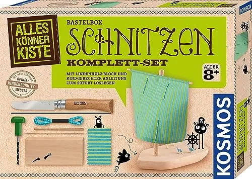 Kosmos 604608 AllesKönnerKiste Schnitzen Komplett-Set - Holzbastelset für Kinder ab 8 Jahren, inklusive kinderfreundlichem Opinel-Schnitzmesser und Anleitung für sicheres Schnitzen – ideal für kreative Bastelideen!