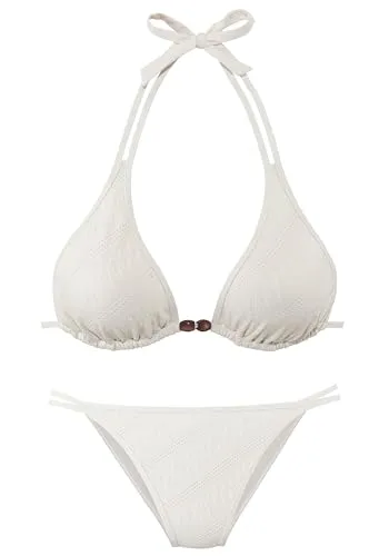 s.Oliver Triangel-Bikini-Set in Creme mit Strukturmuster und Perlendetails