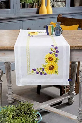 VERVACO Stickpackung Kreuzstich Set Vorgedruckt Tischläufer Sonnenblumen Stickdecken Vorgezeichnet DIY Basteln Erwachsene Kreativ Stickläufer zum Selbersticken 40 x 100 cm Stickset