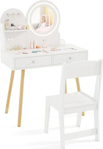 COSTWAY Kinder Schminktisch-Set mit beleuchtetem Spiegel und Stuhl - Schminktisch-Set mit LED-Spiegel in zwei Farbmodi, sicher und stabil. Ideal für kreatives Spielen und Aufbewahrung. Perfektes Geschenk für kleine Prinzessinnen!