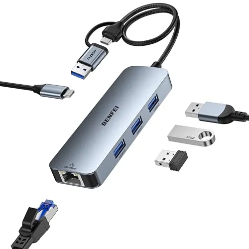 BENFEI USB C Gigabit Ethernet Adapter, 3 Ports Hub 3.0 Mit RJ45 LAN Netzwerkadapter für MacBook Pro/Air 2023 iPad Pro iMac S23 XPS17 Surface Book 3