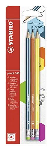STABILO - Bleistift mit Radiergummi - pencil 160 in petrol, orange, gelb - 3er Pack - Härtegrad HB