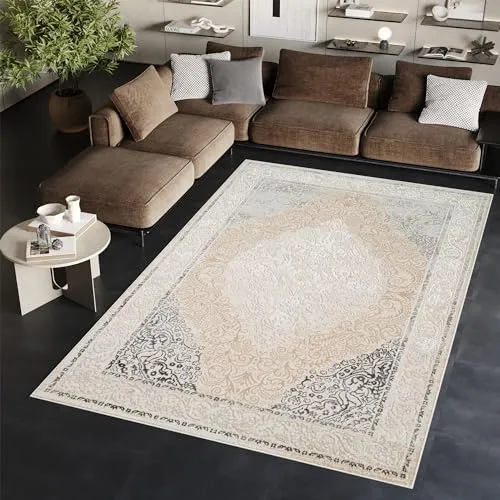 TAPISO Ares Teppich Kurzflor Glänzend Creme Grau 80 x 150 cm - Eleganter Kurzflor-Teppich mit 3D Effekt für Wohnzimmer oder Schlafzimmer. Leicht zu reinigen, ideal für Fußbodenheizung. Hochwertige Materialien garantieren Langlebigkeit und Komfort.