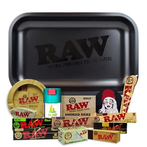 Rolling Tray Raw black 27.5 x 17.5 cm + Airtight Tin + RAW ashtray + Raw papers Kingsize Organic, Black, Classic, 5 meters + Tips + Raw Cones Kingsize + Stickers – Gift for smokers