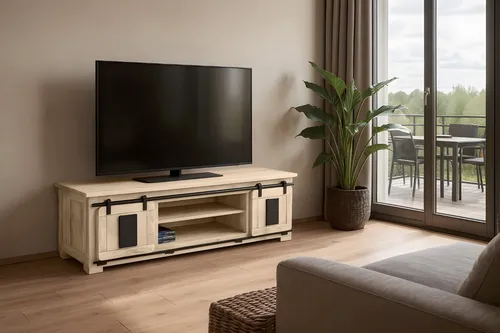 Lowboard Kommode TV-Board LIBRO aus Akazie massiv - Modernes TV-Board LIBRO mit 2 Schiebetüren & 6 Fächern, gefertigt aus stabilem Akazienholz. Ideal für Fernseher und Deko, pflegeleicht und formschön.