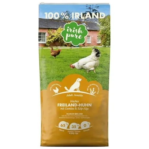 Irish Pure Freiland-Huhn Trockenfutter mit Gemüse & Kelp-Alge - Hundefutter für ausgewachsene Hunde, 65% Freiland-Huhn, 32% frisches Gemüse & 3% Kelp-Alge – getreidefrei und leicht verdaulich für optimale Gesundheit.