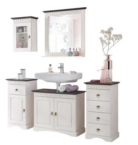 Clever-Moebel Badmöbel-Set Rügen aus Kiefernholz - 5-teiliges Set im eleganten Landhausstil, ideal für Ihr Badezimmer. Mit praktischen Schränken und einem Spiegel für optimalen Stauraum und eine stilvolle Gestaltung.