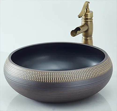 NATURFLAIR FCH433 Bathroom Ceramic Wash Basin, Countertop Washbasin, Round 420 x 150 mm, Handmade Wash Basin