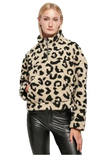 URBAN CLASSICS Damen Sweatjacke AOP Sherpa Troyer - Strickjacke in sandleo mit Langarm, aus 100% Polyester und maschinenwaschbar – ideal für lässige Freizeitlooks!
