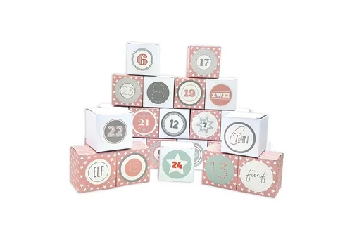 Frau WUNDERVoll® DIY Adventskalender Vorfreude zum Befüllen, 24 Faltschachteln rosa weiße Sterne/weiß 7x7x7cm(gefaltet),XL Ziffern pastell/Weihnachten, Würfelbox, Faltverpackung, Schachteln