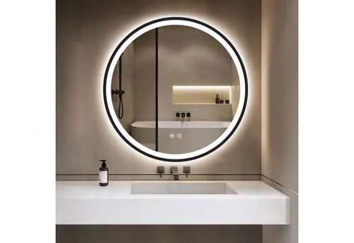 GIMBELEN Runder Badspiegel mit dimmbarer LED-Beleuchtung - Moderner runder Badspiegel mit 3 Lichtfarben und Speicherfunktion. Ideal für entspannte Atmosphäre und perfektes Make-up. Einfache Wandmontage, inklusive Zubehör.