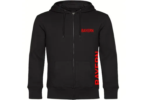 multifanshop Kapuzensweatjacke Bayern - Sportlich und stilvoll - Zip Hoodies, sportliche Kapuzensweatjacke in schwarz mit hochwertigem Print für Fans, ideal für Freizeit und Sport.