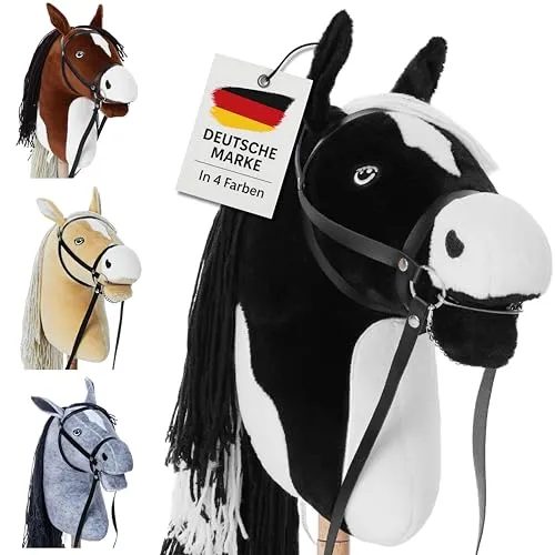 Hoofly® Hobby Horse Schwarz (Schecke) - Großes Steckenpferd für Kinder A3 mit Schraubstab/Horsing Hobby Horse Pferde Set mit Trense in 4 Farben/Steckenpferde Stockpferd mit Zubehör Hors
