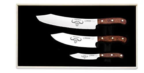 3er Set Kochmesser Brotmesser Universalmesser Gemüsemesser Küchenmesser Fleischmesser Allzweckmesser scharfes Messer Giesser PremiumCut Set No. III Tree of Life BBQ Thuja Wurzelholz Spezialstahl braun