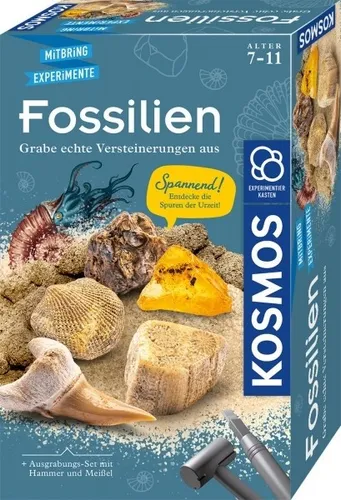 KOSMOS 657918 Fossilien Ausgrabungs-Set - Entdecke echte Fossilien und Bernstein mit Hammer und Meißel, spannendes Experimentierset für Kinder ab 7 Jahren