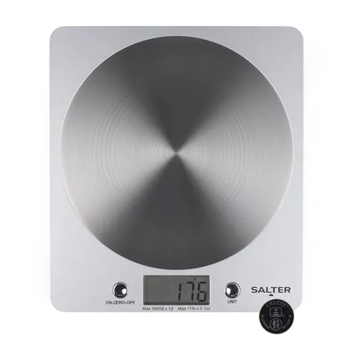 Salter 1036 SVSSDR Digitale Küchenwaage - elektrische Lebensmittelwaage mit Edelstahl Plattform, einer Kapazität 5kg, Backwaage mit Add & Weigh Tara-Funktion, Leicht zu lesen LCD Display, Silber