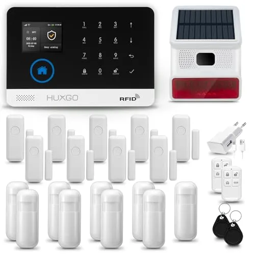 HUXGO HXA003 Alarmanlage Haus WiFi + GSM 4G LTE mit Funk Sirene Solar | Wohnmobil Alarmanlage | 9X Bewegungsmelder, 9X Tür- Fenstersensor | TUYA App